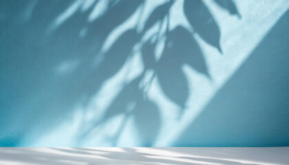 Obraz premium light background of shadows from plant leaves on a delicate light blue wall, minimalistic background for the presentation of your products, stock wallpaper image template