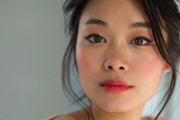 Closeup of a young asian woman's face, exemplifying serenity and natural beauty