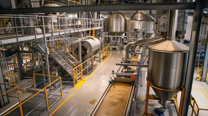 An industrial setup for dry cat food production, featuring combined pelleted feed manufacturing processes
