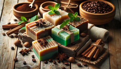 Handmade Organic Soap Bars on Rustic Wooden Surface