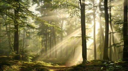Obraz premium Tranquil Forest Landscape with Sunlight Filtering Through Trees for Copy Space Above