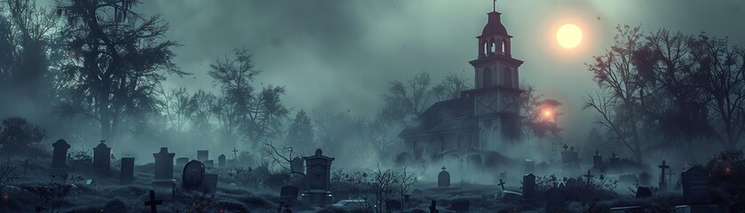 Long shot of a spooky graveyard at dusk, eerie mist swirling around ancient tombstones, creepy zombies emerging from the shadows, photorealistic digital art, haunting atmosphere