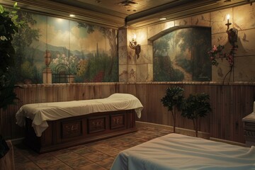 Serene spa treatment room with calming wall murals and warm ambient lighting