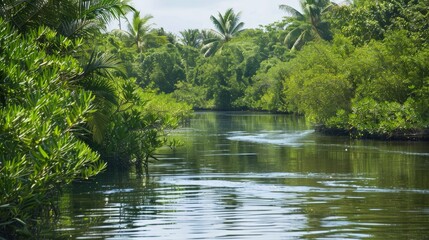 Serene River Delta Landscape with Lush Vegetation and Copy Space on Water Surface