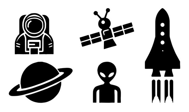 Space Icon Set: Astronaut, Alien, Spacecraft, Planet, Satellite, Cosmic Exploration, Flat Vector Illustration