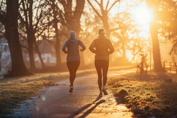 Group of active people enjoying a healthy morning jog in the sunlight on a tranquil outdoor pathway surrounded by trees. As the sun rises. In their sportswear