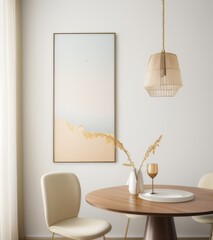 minimalist modern dining room with a large wall art frame mockup, in the minimalist style, neutral tones create a cozy atmosphere. A round wooden table sits in the center with chairs around it.