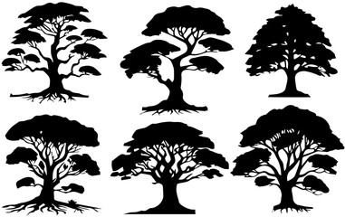 silhouette tree line drawing set, Side view, set of graphics trees elements outline symbol for architecture vector illustration