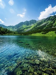 Tranquil Mountain Lake Landscape with Copy Space for Text Above | Idyllic Scenic View of Clear Water Lake and Mountains