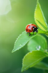 Fototapeta premium Beautiful Ladybug Close-Up on Green Leaf with Soft-Focus Background for Copyspace