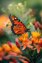 Fototapeta premium Beautiful Butterfly Close-up on Flower with Blurred Background for Text Space.