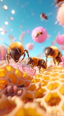 A group of bees flying around a yellow and pink background. The bees are in different positions, some are flying close to each other while others are flying further away. The scene has a playful