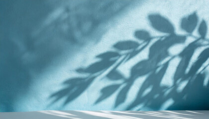 Obraz premium light background of shadows from plant leaves on a delicate light blue wall, minimalistic background for the presentation of your products, stock wallpaper image template