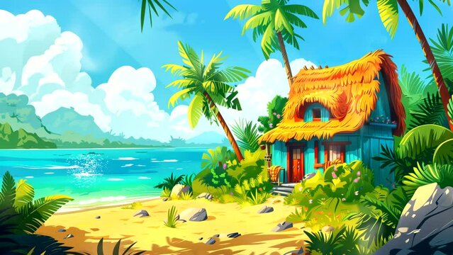 A wooden hut on a tropical beach during summer. seamless looping time-lapse animation background