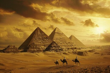 Camel riders traverse the desert sands in front of the majestic giza pyramids at sunset