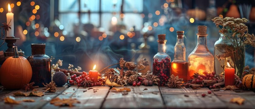 Potion ingredients spread on a table, Halloween twilight, close up, spooky, ethereal, fusion, enchanted kitchen backdrop