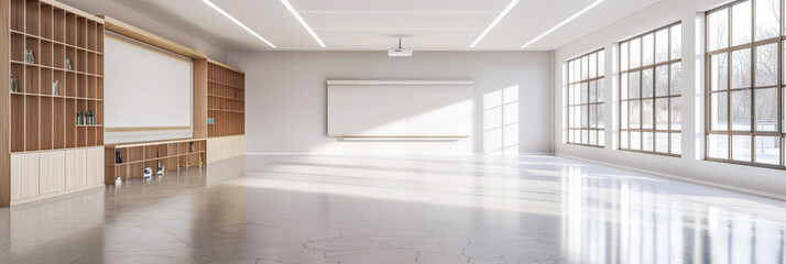Minimalist empty classroom with modern furniture.