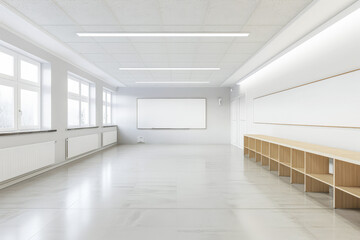 Minimalist empty classroom with modern furniture.