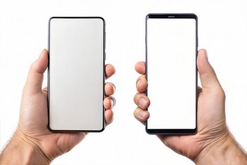 man holding smartphone with two blank screen mokup