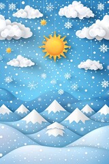 A paper snow scene with a sun in the sky. The sky is blue and there are clouds in the background. The mountains are covered in snow and the trees are bare