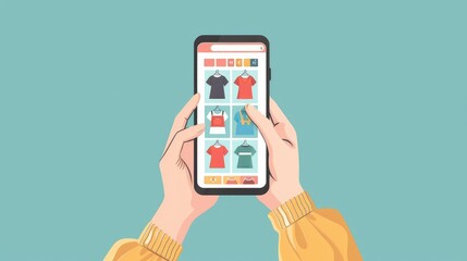 Hands holding a smartphone with a shopping app, clothes icons visible, fingers tapping to select items, flat vector design