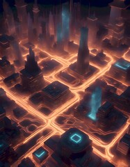 Aerial view of a futuristic cityscape at night with glowing streets and high rise buildings resembling a giant computer hardware, Generative AI.