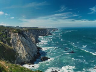 Obraz premium Serene Coastal Cliff Panorama with Crashing Waves and Text Space in Sky