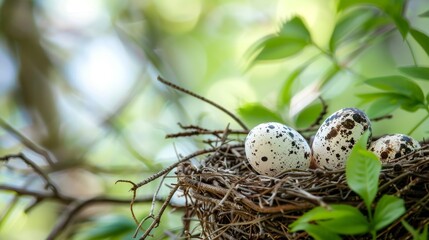 Obraz premium Tranquil Bird Nest with Eggs Close-Up on Soft-Focus Background for Copyspace