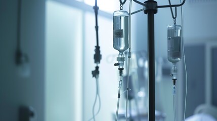 IV stand in a hospital room, close-up, foggy, deserted, muted tones, ambient lighting 