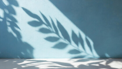 Obraz premium light background of shadows from plant leaves on a delicate light blue wall, minimalistic background for the presentation of your products, stock wallpaper image template