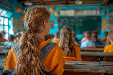 A girl with long hair sits in a classroom with other students