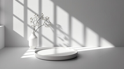 A minimalist decor featuring a white vase with branches and geometric shadows The scene captures the essence of simplicity and modern design