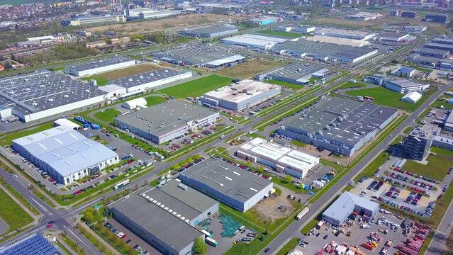 Aerial view of industrial zone and technology park on Bory suburb of Pilsen city in Czech Republic, Europe. Industrial fields from above.