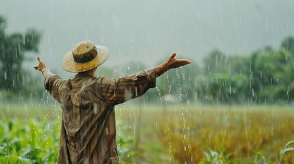 Farmer in the fields, arms open, embracing the rain vital to crops, highlighting the symbiotic relationship between weather and agriculture. © Lakkhana
