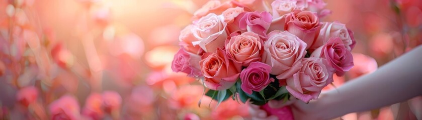 Obraz premium Charming bouquet of roses in varying shades of pink, captured with a dreamy background, expressing tender emotions
