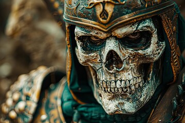 Skeleton warrior in ancient armor, Halloween night, close up, terrifying, vibrant, multilayer, ancient ruins backdrop