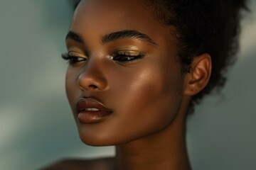 Closeup of a young woman with shimmering makeup and a serene expression