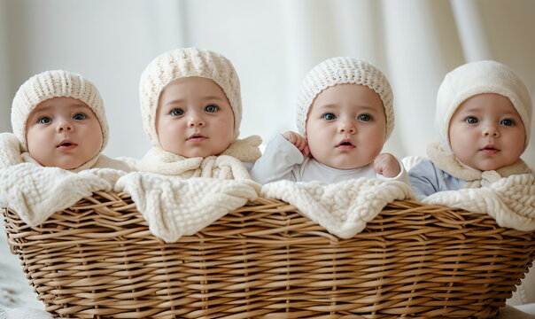 Adorable Quadruplets in Cozy Knit Hats, concept for family, winter, baby care, greeting card, announcement, wallpaper, poster