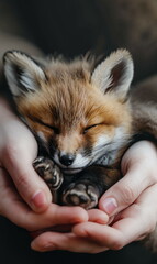 Obraz premium Adorable Sleeping Fox Cub in Gentle Human Hands, warm tones, setting for product display, greeting card, wallpaper, poster 