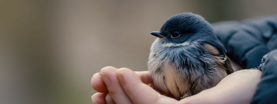 Small Green Bird Held in Gentle Hands, concept for wildlife conservation, animal care, greeting card, awareness campaign, wallpaper, poster
 - Powered by Adobe