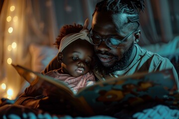 Heartwarming scene of a father reading a storybook to his young daughter before bed