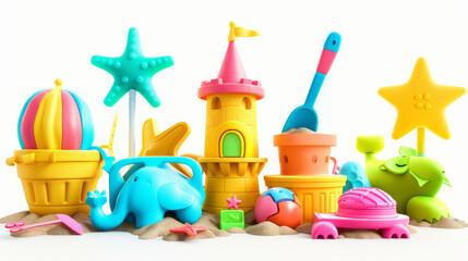 Obraz premium Kids Beach Sand Toys Set characters, Sand castle building tools, kids' toys, isolated on white background 