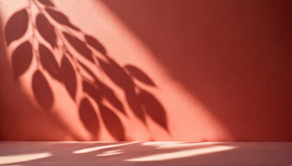 light background of shadows from plant leaves on a delicate light red wall, minimalistic background for the presentation of your products, stock wallpaper image template
