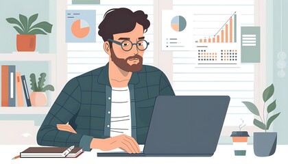 affiliate marketer working on a laptop. charts, graphs, and analytics displayed on the screen.
