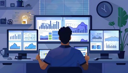 affiliate marketer working on a laptop. charts, graphs, and analytics displayed on the screen.
