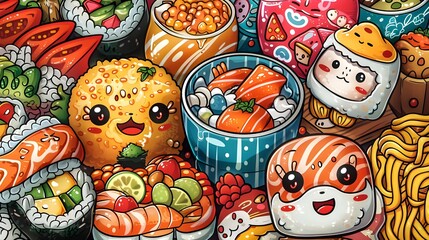 Fototapeta premium Japanese bento anime cartoon. Cute food character menu background, sushi noodle with kawaii face in colourful doodle design 3d digital art. Funny asian cuisine image, Japanese food culture animation.