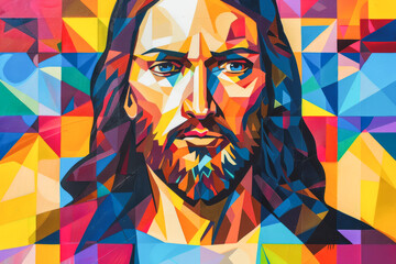 Low polygon style illustration of Jesus Christ. Abstract colorful background.