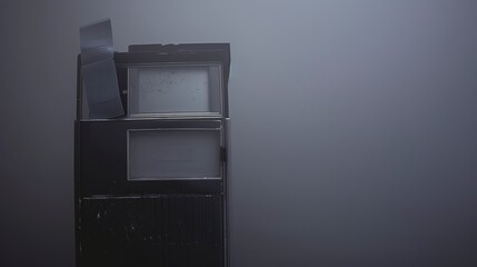 X-ray cassette holder, close-up in fog, no humans, eerie, late night light