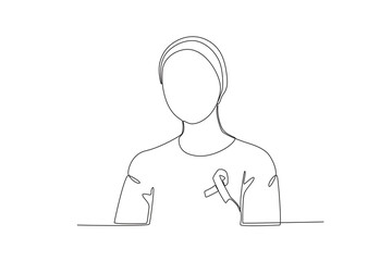 Single continuous line drawing of a Woman and pink ribbon, Breast cancer awareness month concept. One line draw design vector illustration