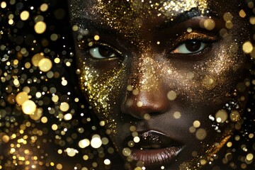 Closeup of a woman's face with golden glitter makeup, surrounded by soft bokeh lights